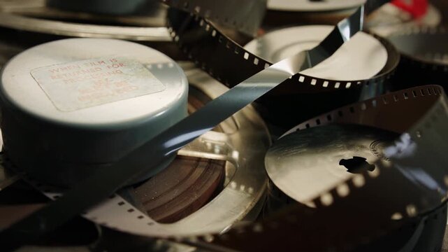 Vintage film and audio reels close up sliding camera motion stock footage