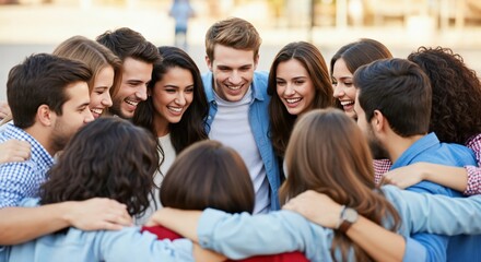 Fototapeta premium Group of Young Adults Smiling and Gathering Together Outdoors in Casual Clothes