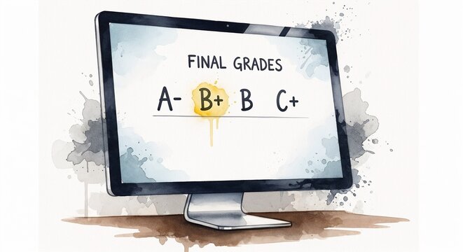 Monitor displaying final grades with one highlighted in yellow  