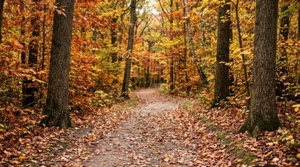 Fototapeta premium Autumn forest path with colorful foliage and fallen leaves