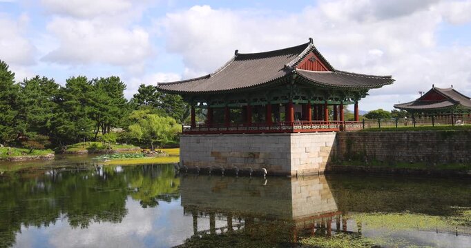 Gyeongju, South Korea, view of Donggung Palace and Wolji Pond in a sunny day, North Gyeongsang Province, Gyeongju city, Silla dinasty traditional Korean hanok architecture, Yeongnam region