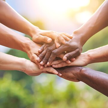 Diverse hands stacked together in unity outdoors