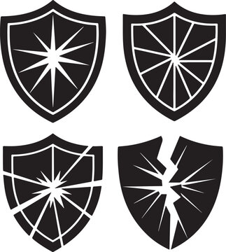 Broken Shield Silhouette Set, Cracked Protection Symbol Collection, Damage and Security Failure Concept Icons