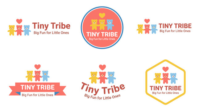 Tiny Tribe logo collection: three bears holding hands flat vector icon, playful kids brand identity