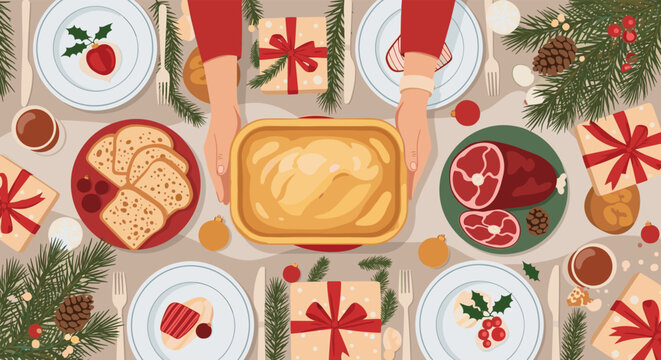 Overhead view of a festive holiday dinner table set with a roasted bird, side dishes, wrapped gifts, and pine decorations.