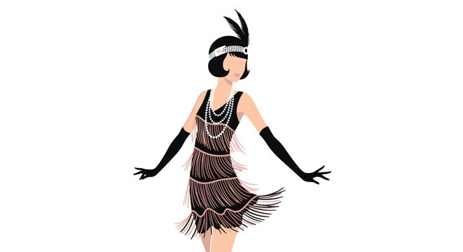 Elegant flapper girl silhouette from the 1920s wearing a fringed dress, long gloves, and a feathered headband while dancing gracefully.