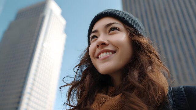 Smiling woman looking up at towering modern skyscrapers symbolizing aspi n and professional success in the city