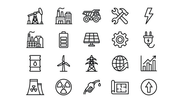 Collection of hand-drawn industry and energy icons with pump jack mining truck dump truck solar panel wind turbine gas station industry illustration lightning electricity renewable cogwheel