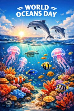 World Oceans Day colorful coral reef scene with dolphins