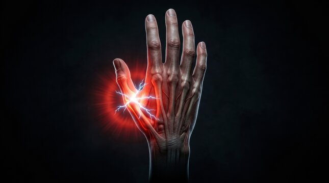 Anatomical hand with glowing red pain radiating from the thumb joint