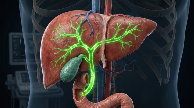 Detailed 3D illustration of the human liver and gallbladder anatomy