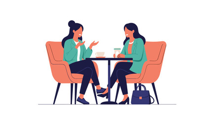 Fototapeta premium Two businesswomen sitting in armchairs at a cafe table, drinking coffee and engaged in a friendly and professional conversation.