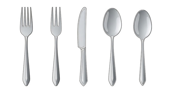 Set of silverware including forks, knife and spoons, isolated on white background, metallic texture, elegant and clean design elements
