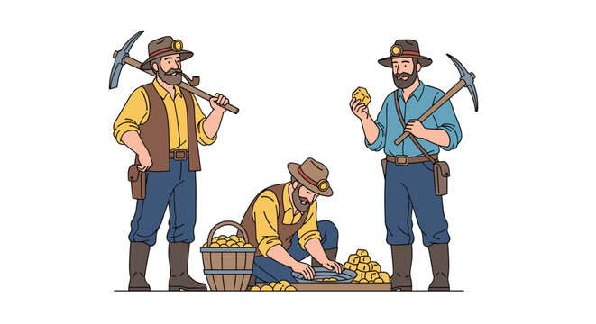 Three prospectors or gold miners from the American Old West era with pickaxes, a gold pan, and baskets full of golden nuggets.