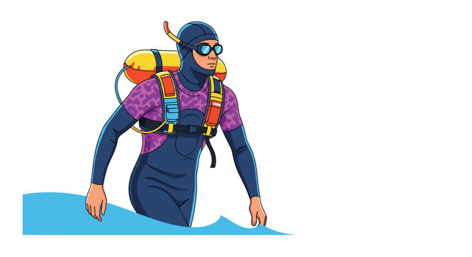 Professional scuba diver in a full wetsuit with a yellow oxygen tank and goggles emerging from the blue waves of the ocean.