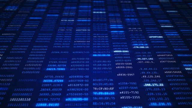 Abstract digital background with binary code, hexadecimal data, and numerical sequences in blue tones, representing big data, cybersecurity, and information technology