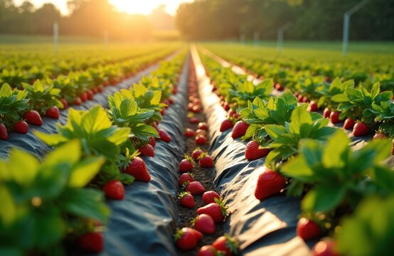 Rows of ripe strawberries grow on a field at sunset. Black mulch film covers soil, drip irrigation waters plants. Lush green leaves surround bright red fruits ready for harvest.