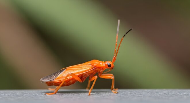 Vibrant orange insect on gray surface.