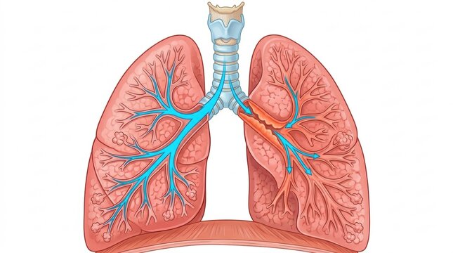 Illustration of human lungs showing airflow and bronchioles with a blockage