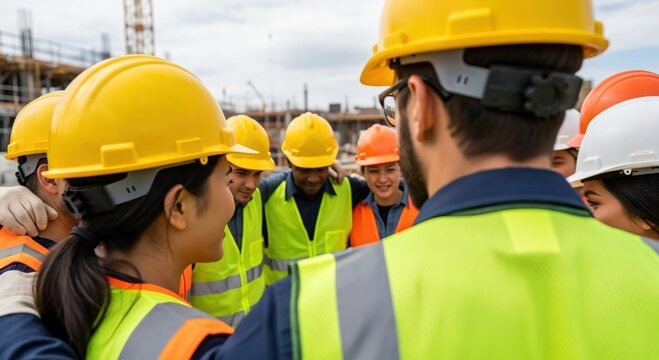 Construction Team Huddle of Diverse Workers Wearing Hard Hats and Safety Vests