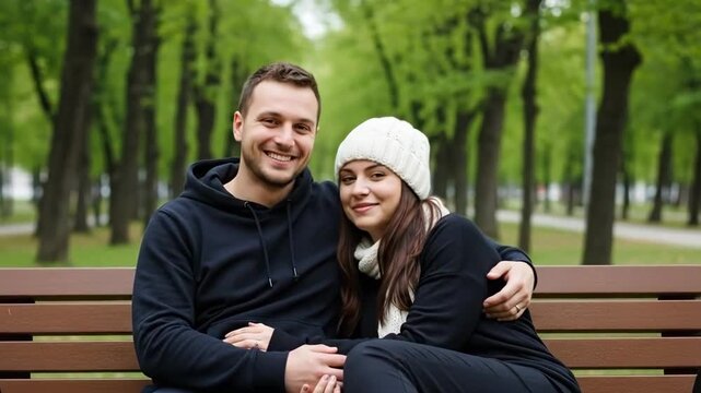 A couple embracing warmth and joy on a park bench in spring