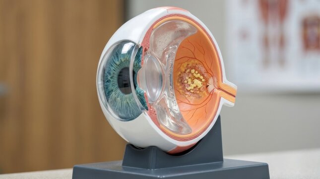 Detailed anatomical model of the human eye showing internal structures and pathology