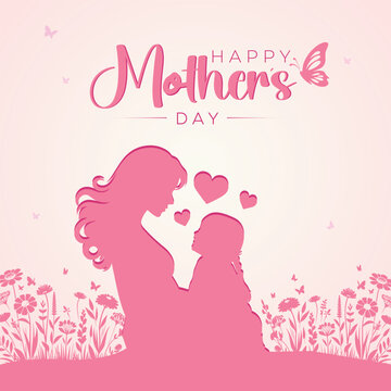Happy Mother's Day design with pink silhouette of a mother and her child. Vector illustration