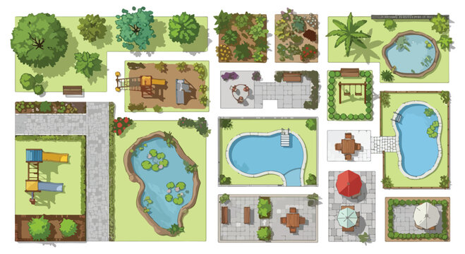 Landscape design elements top view, garden plan vector set with swimming pools and ponds, outdoor park furniture and playground equipment icons