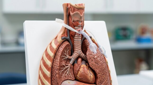 Anatomical model of human lungs and heart with tracheostomy tube