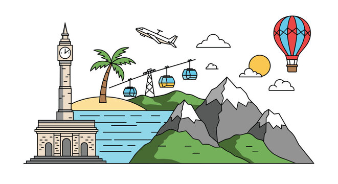 Creative travel collage featuring famous landmarks like Big Ben, a tropical island, mountain ranges, hot air balloons, and cable cars.