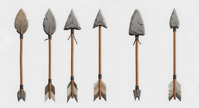 Set of six primitive arrows with stone and feather fletching, ancient hunting projectiles, rustic design, isolated on grey