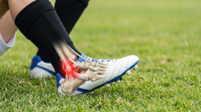 Soccer player's ankle with highlighted ligaments and bones showing injury