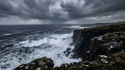 Fototapeta premium A dramatic seascape with turbulent ocean waves crashing against a rugged rocky cliffside under a stormy cloudy sky