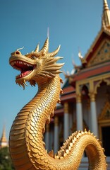 Fototapeta premium Golden dragon statue guards ornate temple building. Mythical serpent sculpture stands tall against blue sky. Traditional asian architecture features golden spires and intricate details.