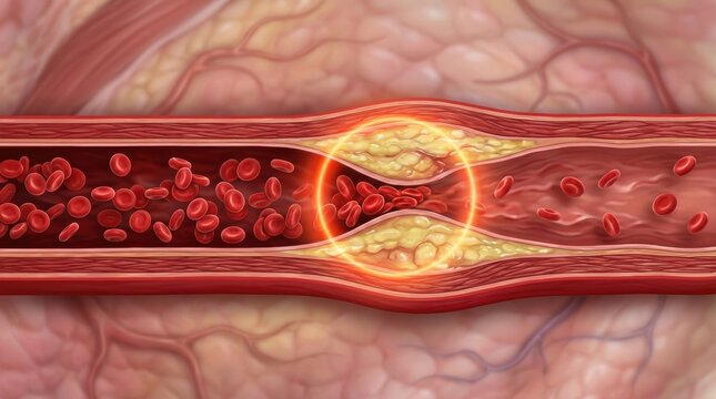 Cross-section of a blood vessel showing plaque buildup and red blood cells flowing