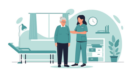 Fototapeta premium Nurse assisting elderly woman with walking cane in clinic room, rehabilitation concept