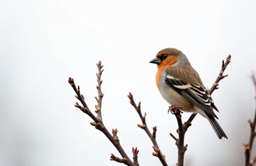 Fototapeta premium Common chaffinch bird sits on bare tree branch. Small songbird with orange chest and grey head surveys surroundings. White background highlights intricate feather details.