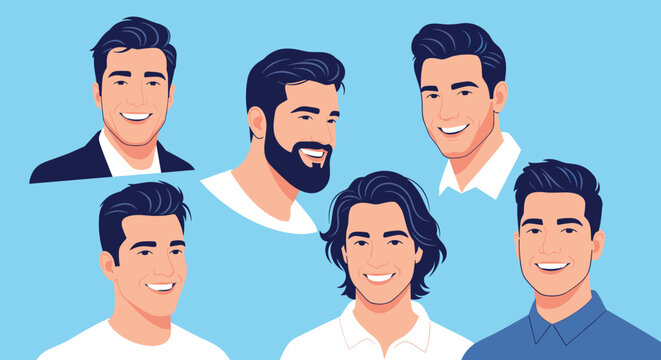 Diverse collection of smiling men with different hairstyles and facial hair styles against a blue background for people and lifestyle themes.