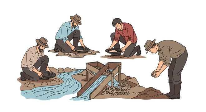 Historical gold miners panning for precious metal in river and using sluice box to find nuggets in wilderness setting.