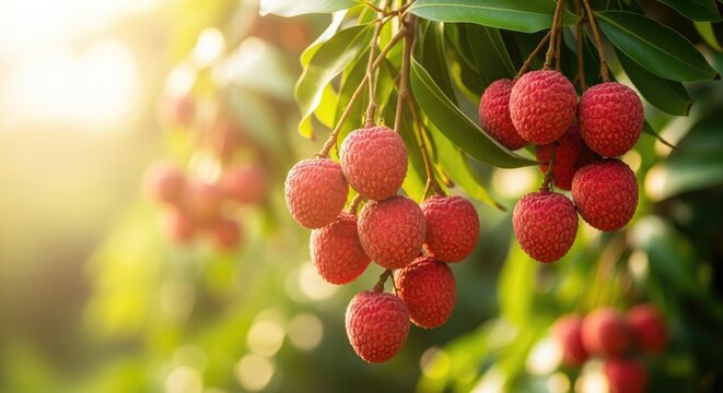 Close up of vibrant red ackee fruits hanging from lush green branches in sunlight