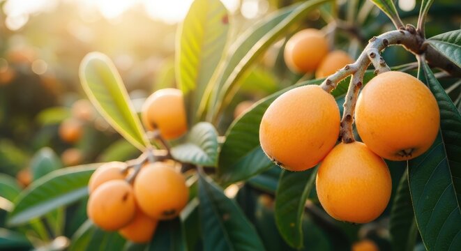 Golden hachiya persimmons hanging from branches in warm sunlight autumn harvest scene