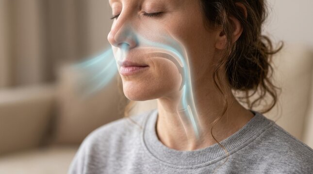 Woman's face with animated airflow through nasal and oral passages
