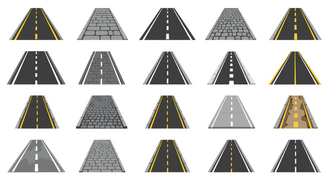 Collection of road surface types including asphalt with markings, cobblestones, bricks, and damaged pavement sections.