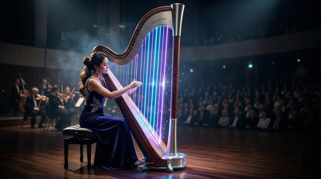 A classical harpist plucking the strings of a massive harp, but the strings are glowing, vibrating laser beams