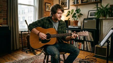 Obraz premium Male adult playing acoustic guitar in cozy living room setting with books and plants