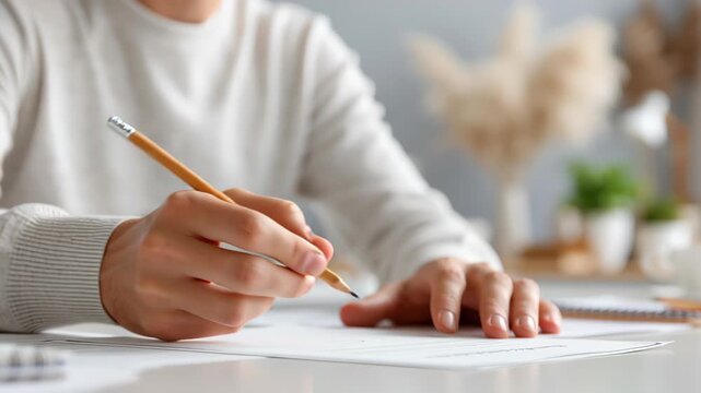 professional translator sitting at desk writing on blank document with pencil, minimal office environment, neutral background, soft lighting, clean composition,
