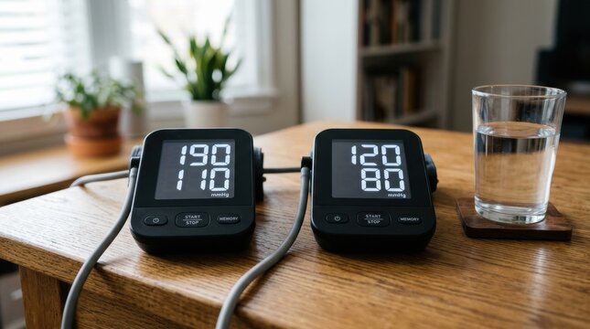 Two digital blood pressure monitors showing different readings on a wooden table