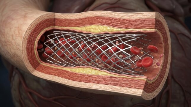 Medical illustration of a coronary artery stent opening a blocked vessel