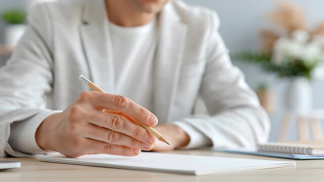 professional translator sitting at desk writing on blank document with pencil, minimal office environment, neutral background, soft lighting, clean composition,