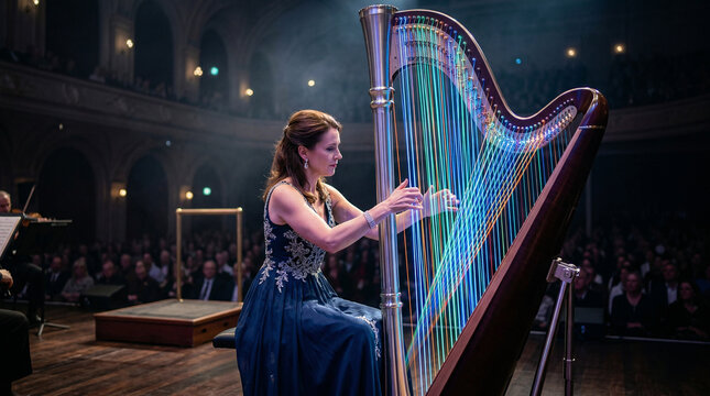 A classical harpist plucking the strings of a massive harp, but the strings are glowing, vibrating laser beams